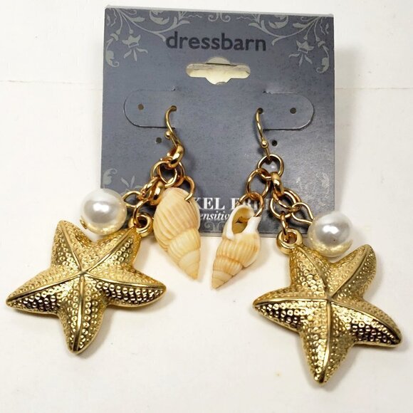 2/$30 Gold tone Textured Starfish, Shell, Beaded Dangle Earrings 2.25" Jewelry - Picture 1 of 7
